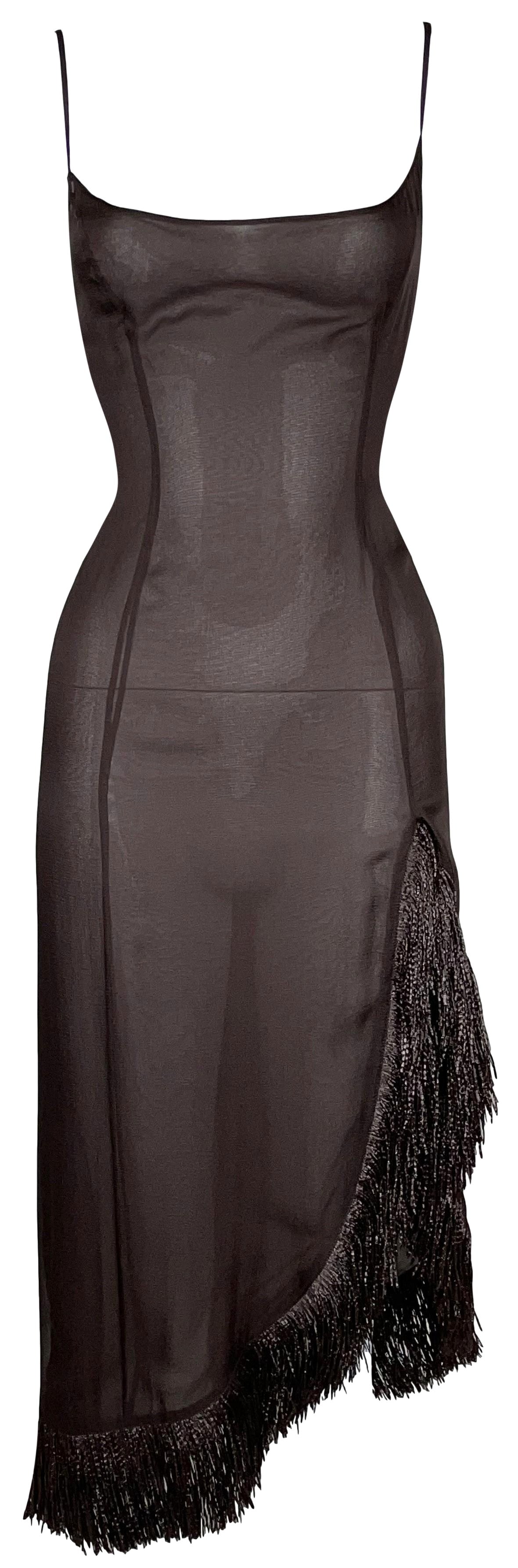 S/S 2001 Thierry Mugler Couture Runway Sheer Brown Silk High Slit Straw Dress