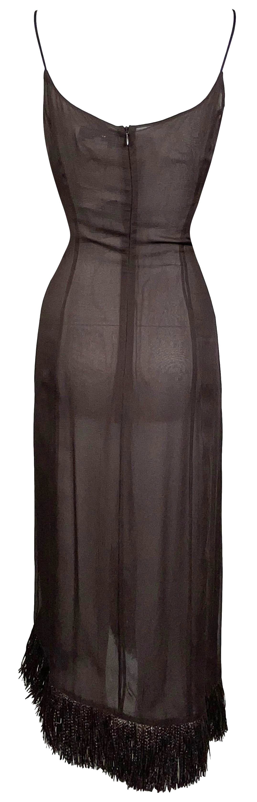 S/S 2001 Thierry Mugler Couture Runway Sheer Brown Silk High Slit Straw Dress
