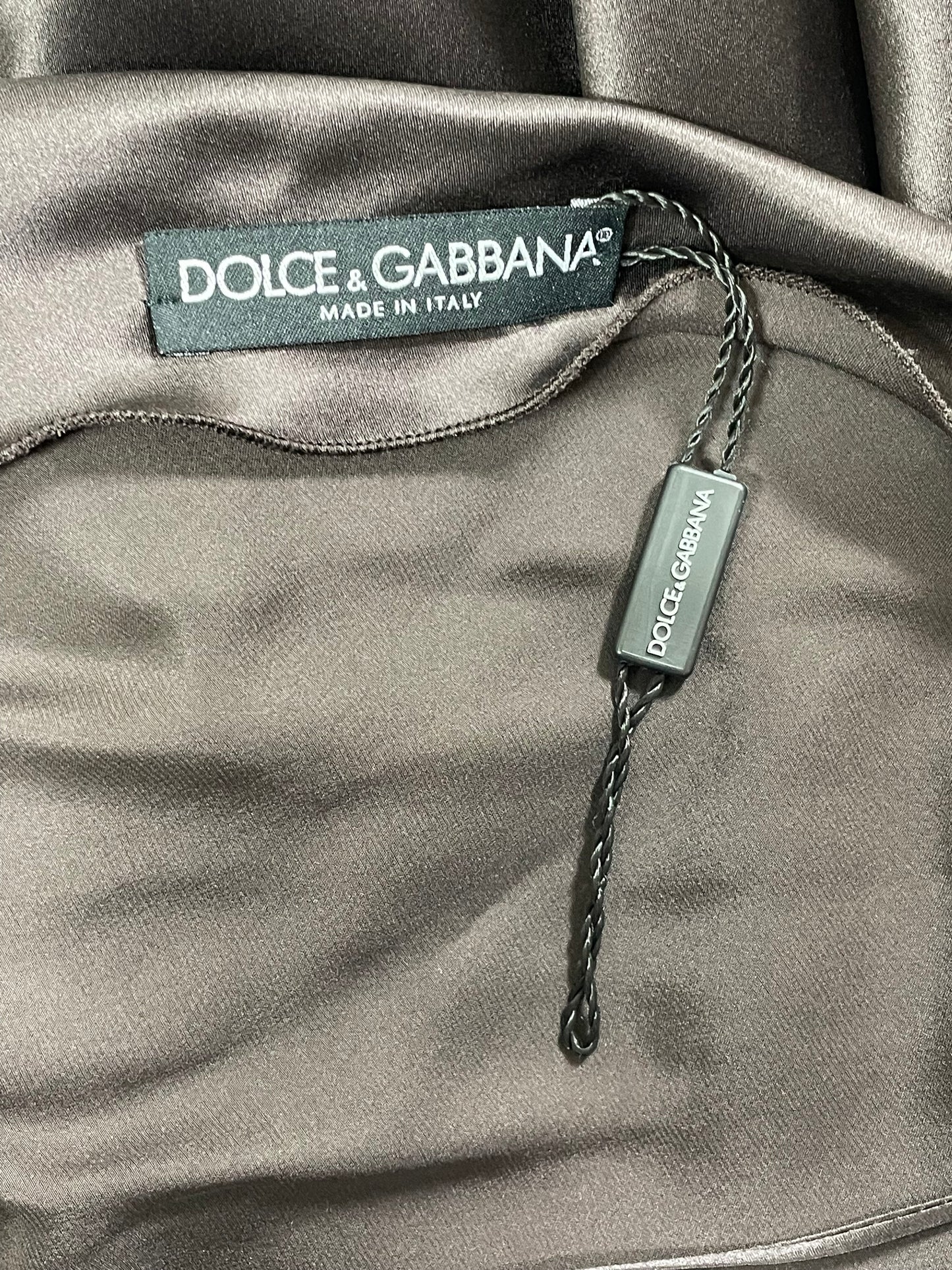 F/W 2002 Dolce & Gabbana Runway Brown Satin Plunging Halter Tie Adjustable Dress
