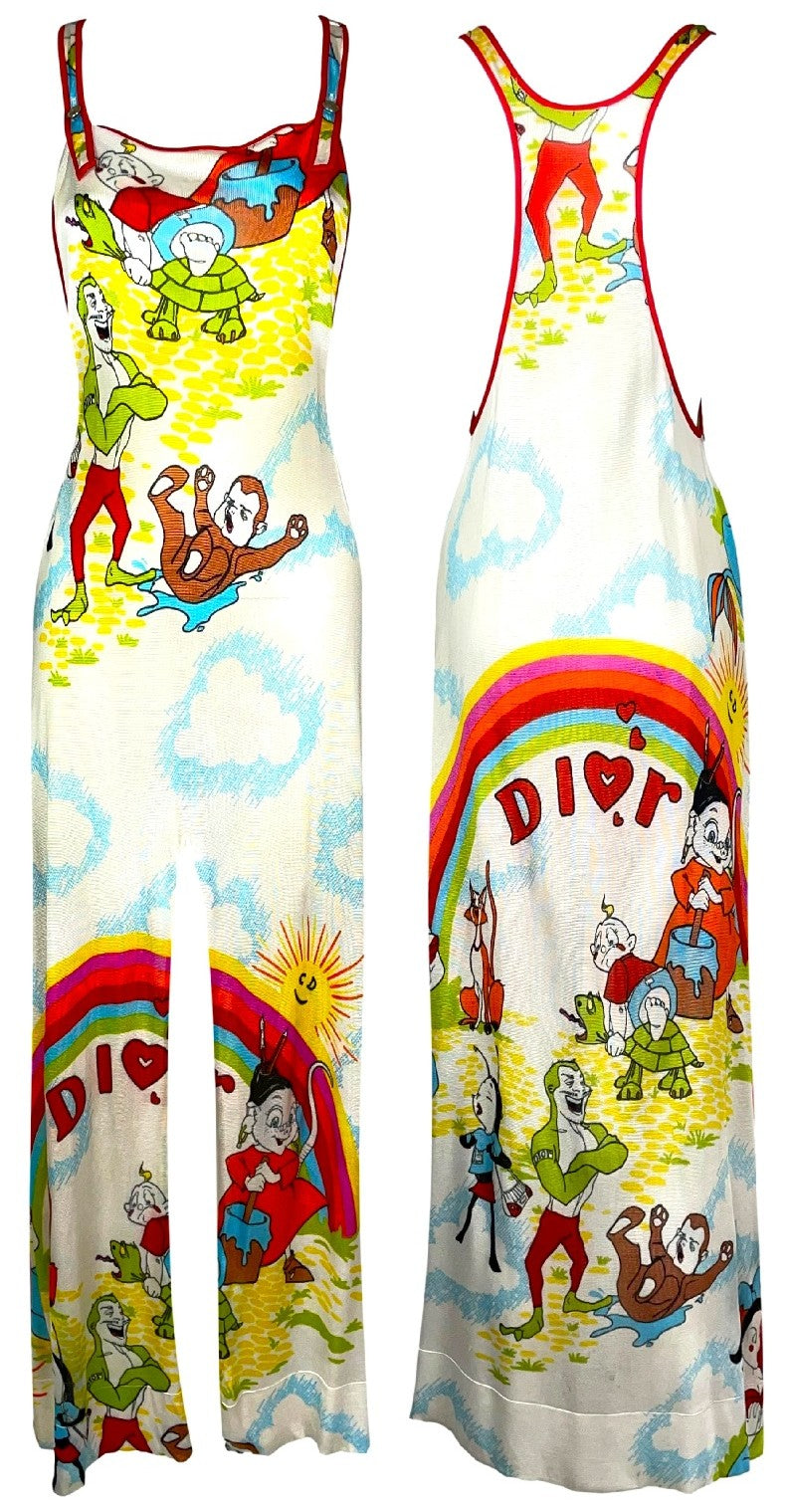 S/S 2002 Christian Dior x John Galliano RARE Rainbow Cartoon Print Baggy Hooded Jacket & Suspender Maxi Dress