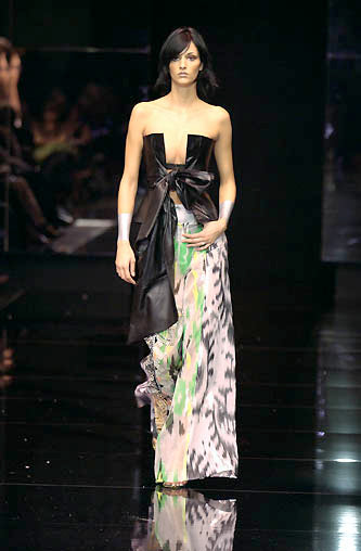 S/S 2002 Gianfranco Ferre Runway Black Leather Plunging Open Bustier Top & Maxi Skirt w Train Set