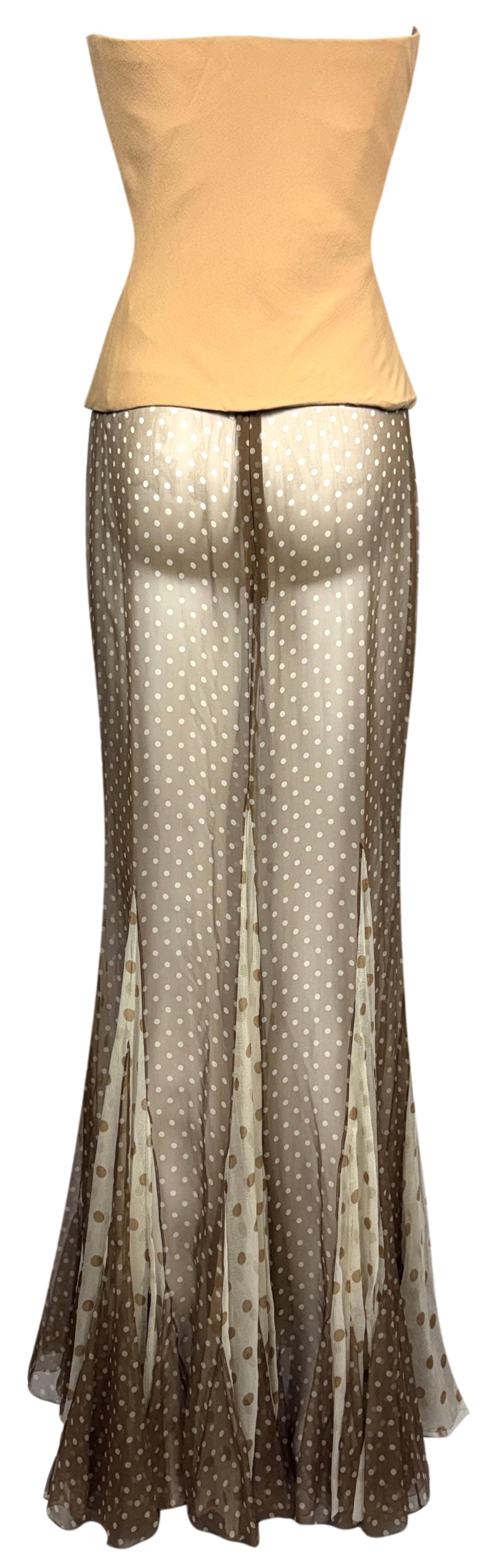 2002 & 2005 Christian Dior x John Galliano Haute Couture Runway Sheer Brown Polka Dot Silk Maxi Skirt & Nude Strapless Bustier Top Set
