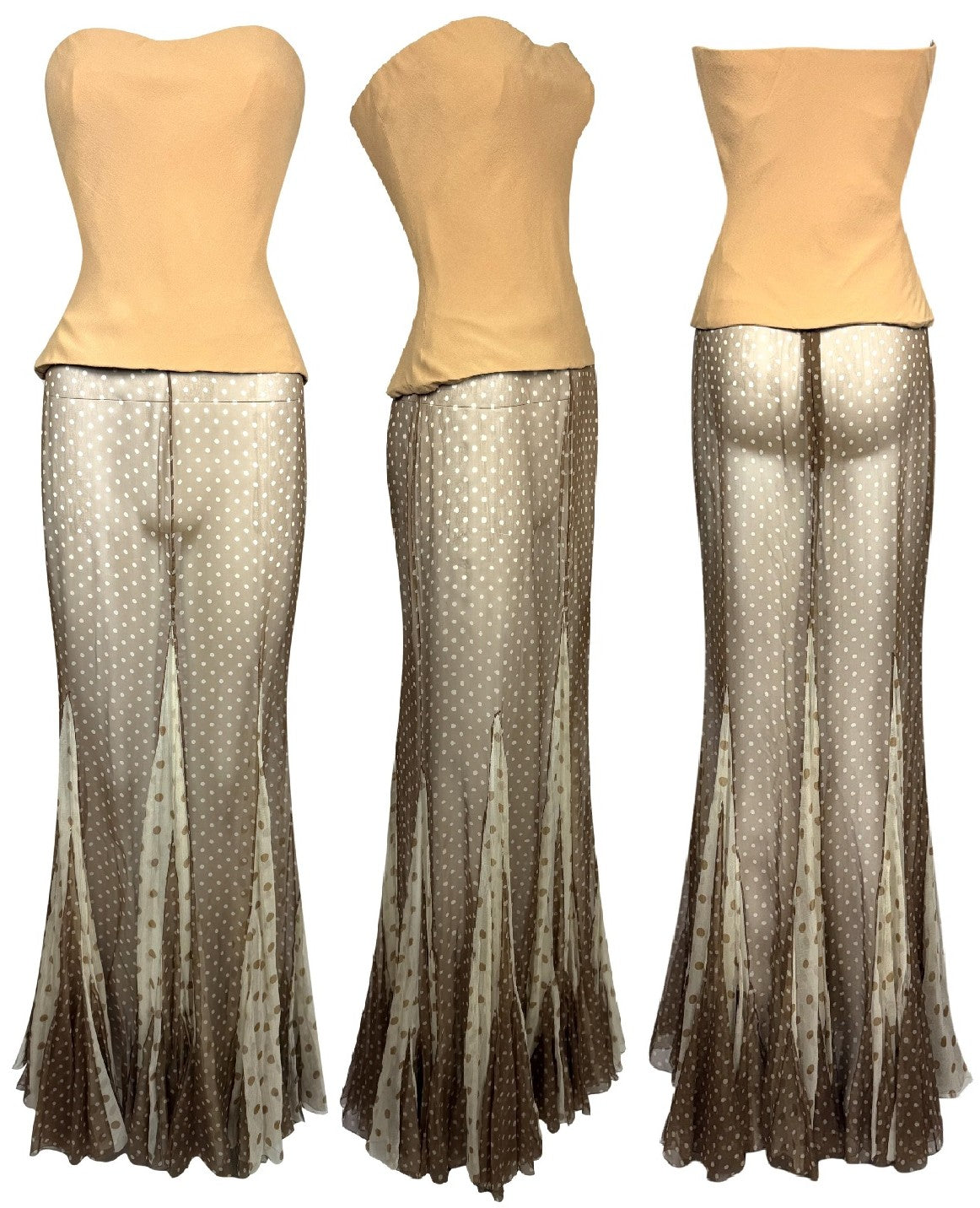 2002 & 2005 Christian Dior x John Galliano Haute Couture Runway Sheer Brown Polka Dot Silk Maxi Skirt & Nude Strapless Bustier Top Set
