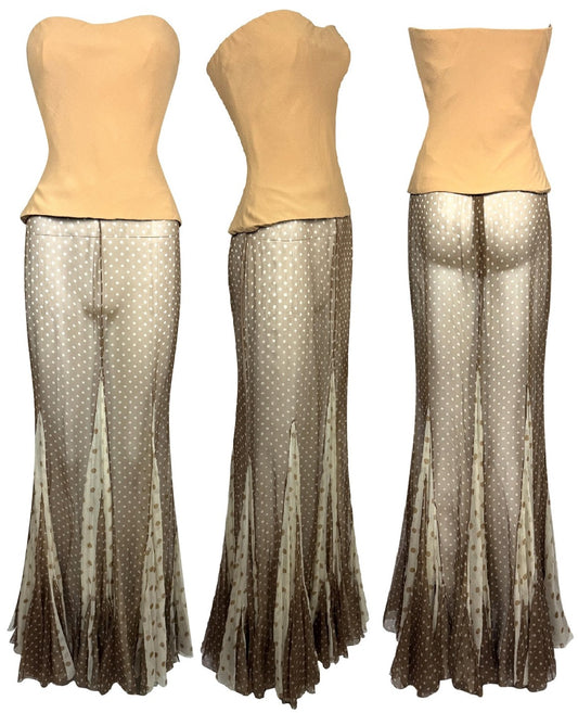 2002 & 2005 Christian Dior x John Galliano Haute Couture Runway Sheer Brown Polka Dot Silk Maxi Skirt & Nude Strapless Bustier Top Set