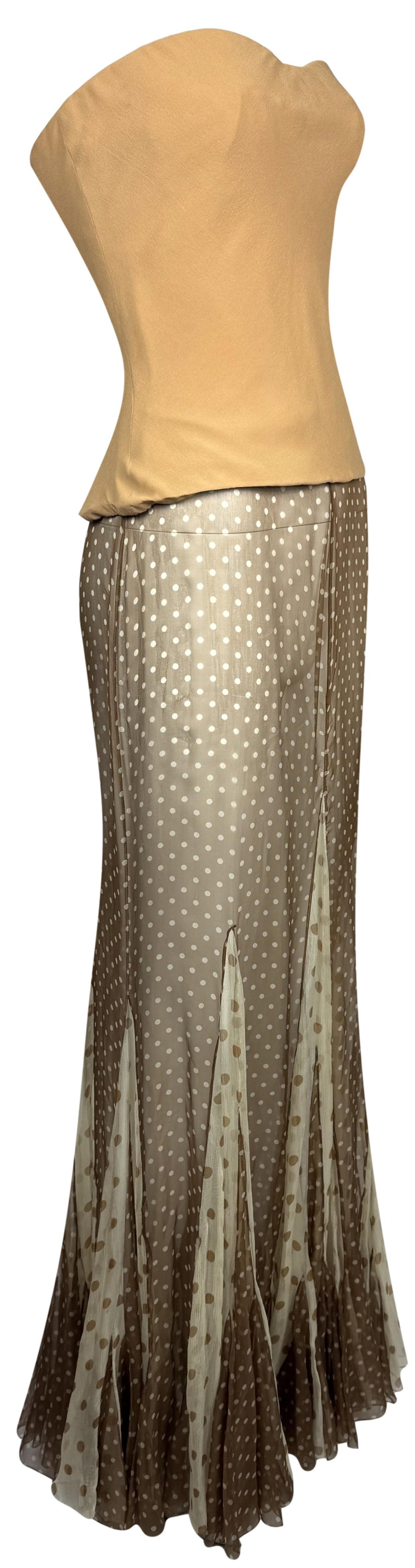 2002 & 2005 Christian Dior x John Galliano Haute Couture Runway Sheer Brown Polka Dot Silk Maxi Skirt & Nude Strapless Bustier Top Set