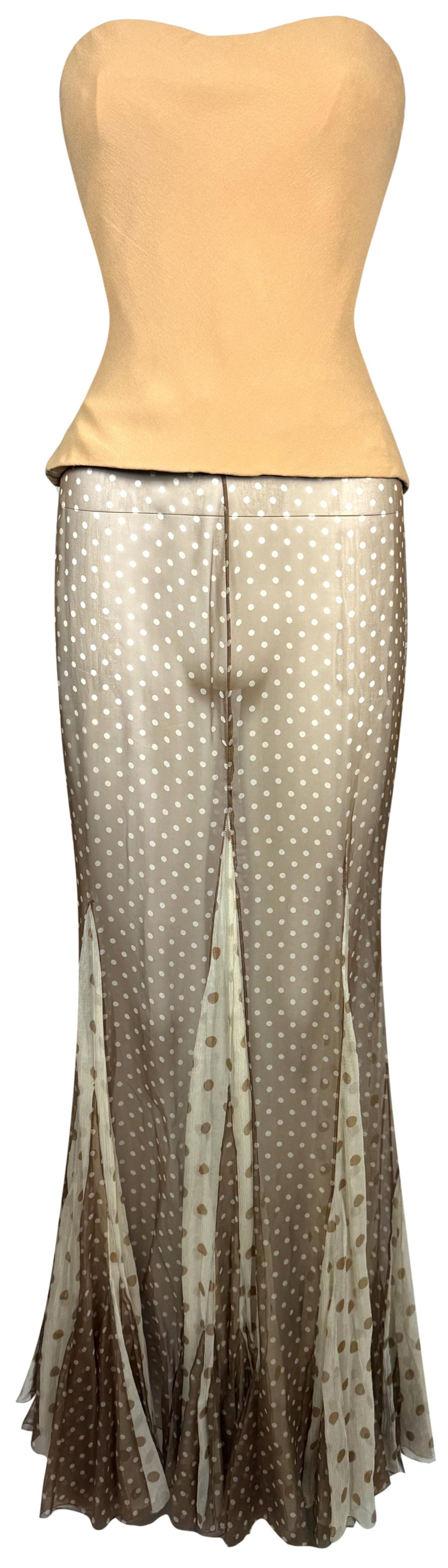 2002 & 2005 Christian Dior x John Galliano Haute Couture Runway Sheer Brown Polka Dot Silk Maxi Skirt & Nude Strapless Bustier Top Set