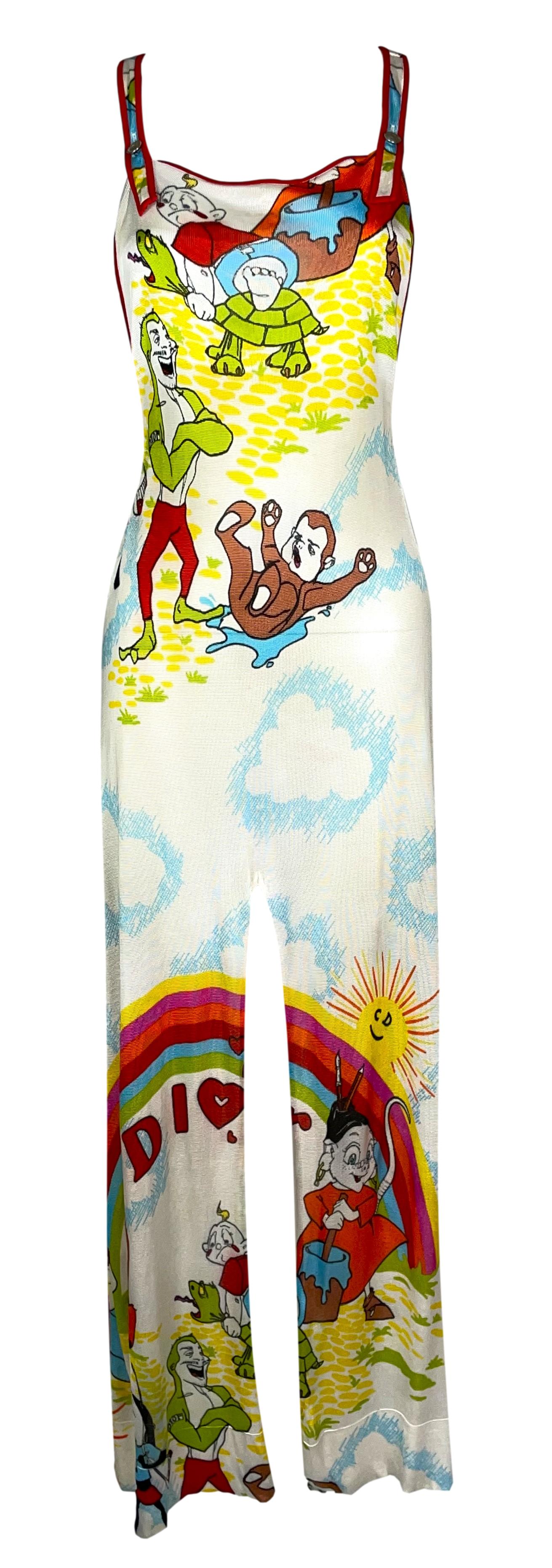2002 Christian Dior by John Galliano EXTREMELY RARE Cartoon Print Suspender High Slit Maxi Dress