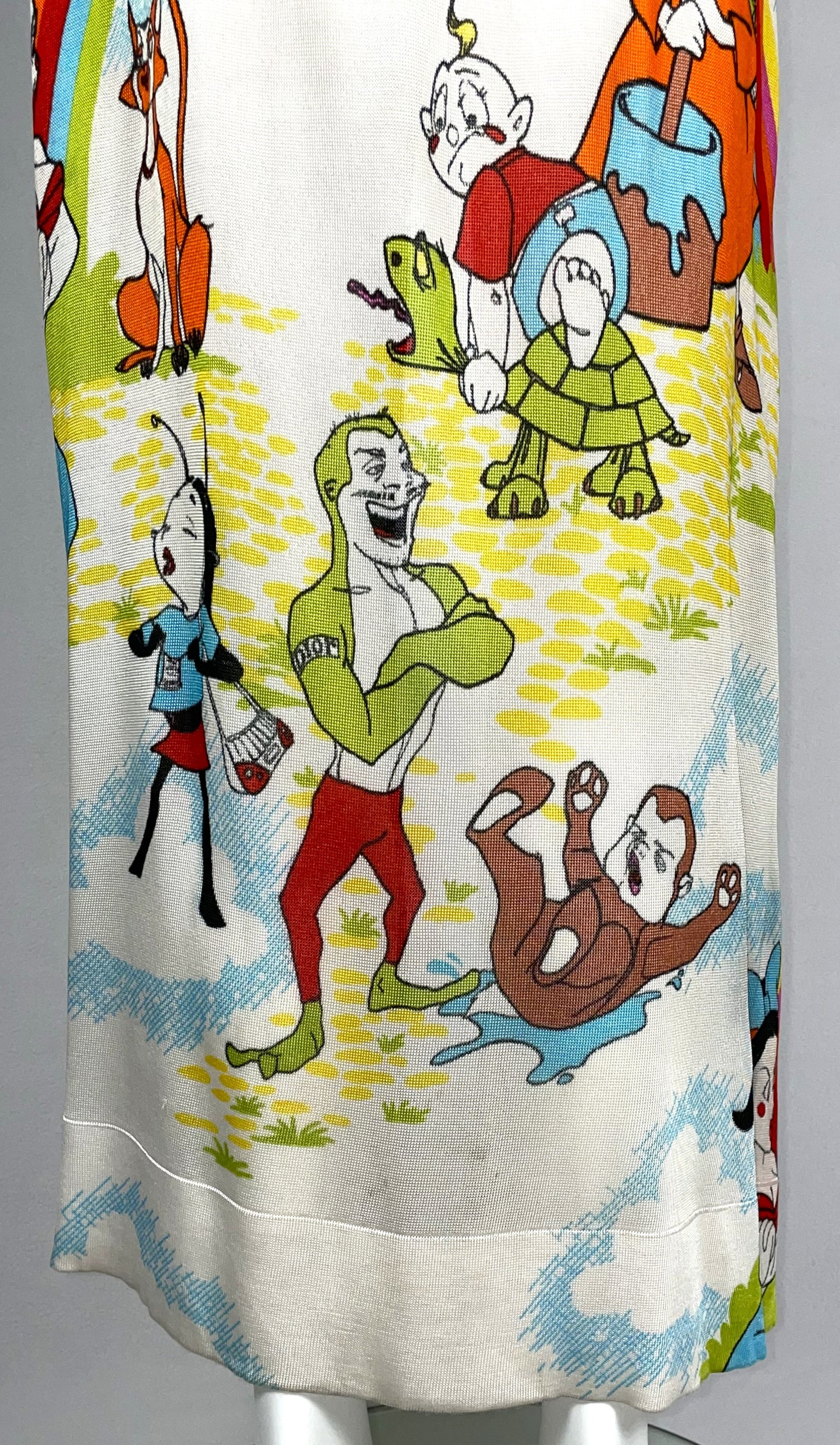 2002 Christian Dior by John Galliano EXTREMELY RARE Cartoon Print Suspender High Slit Maxi Dress