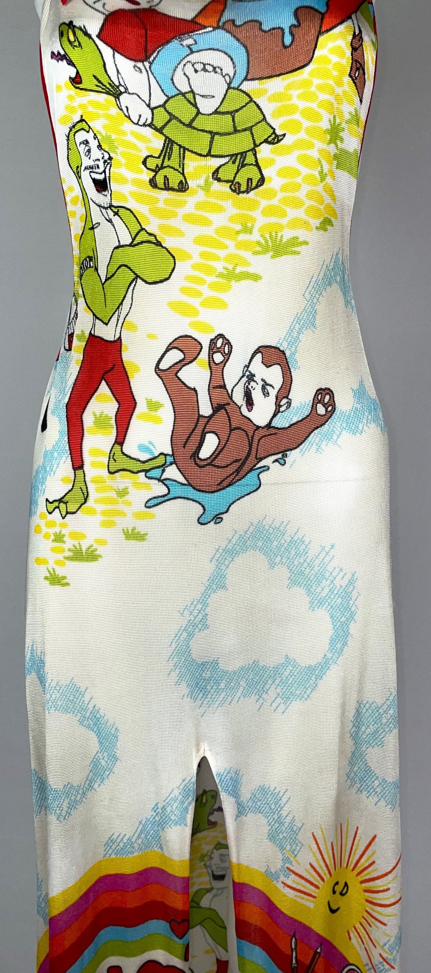 2002 Christian Dior by John Galliano EXTREMELY RARE Cartoon Print Suspender High Slit Maxi Dress