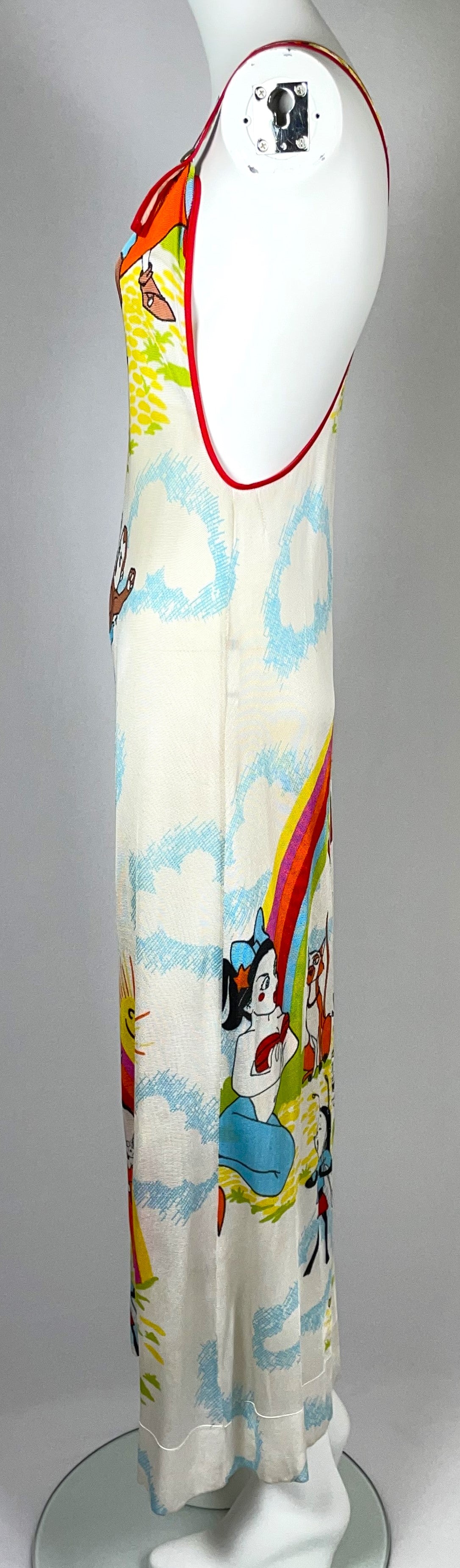 2002 Christian Dior by John Galliano EXTREMELY RARE Cartoon Print Suspender High Slit Maxi Dress
