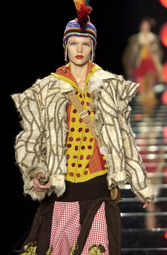 F/W 2002 Christian Dior x John Galliano Runway Coyote Fur Whipstitch Handmade Leather Jacket Coat