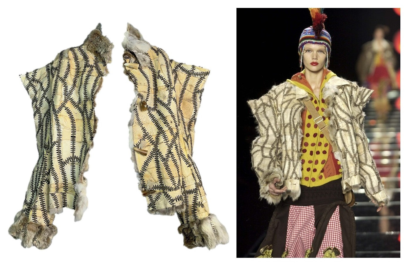 F/W 2002 Christian Dior x John Galliano Runway Coyote Fur Whipstitch Handmade Leather Jacket Coat