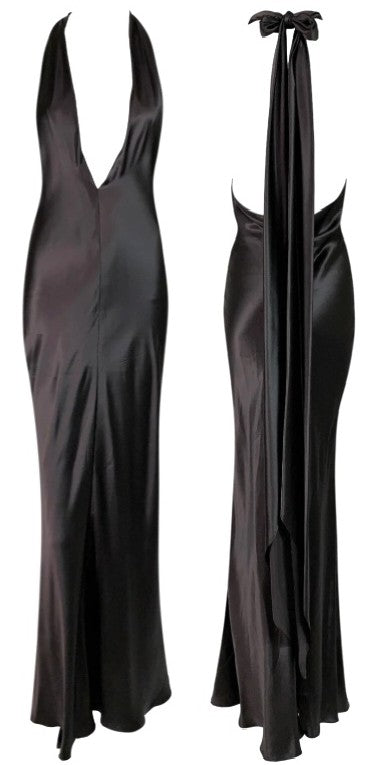 F/W 2002 Dolce & Gabbana Old Hollywood 1940's Style Brown Liquid Satin Plunging Mermaid Halter Gown Dress