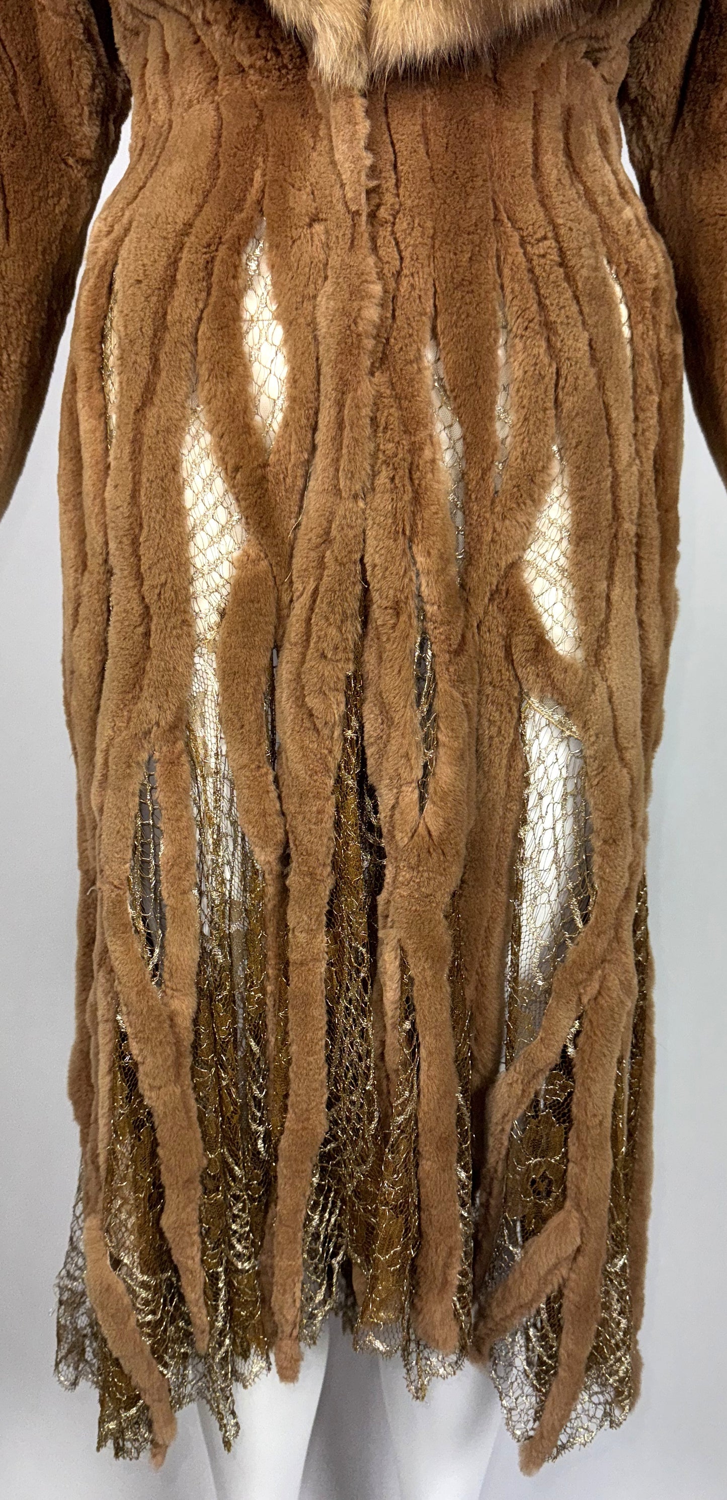 F/W 2002 Atelier Versace Runway Haute Couture Sable Fur & Sheer Lace Plunging Dress Coat