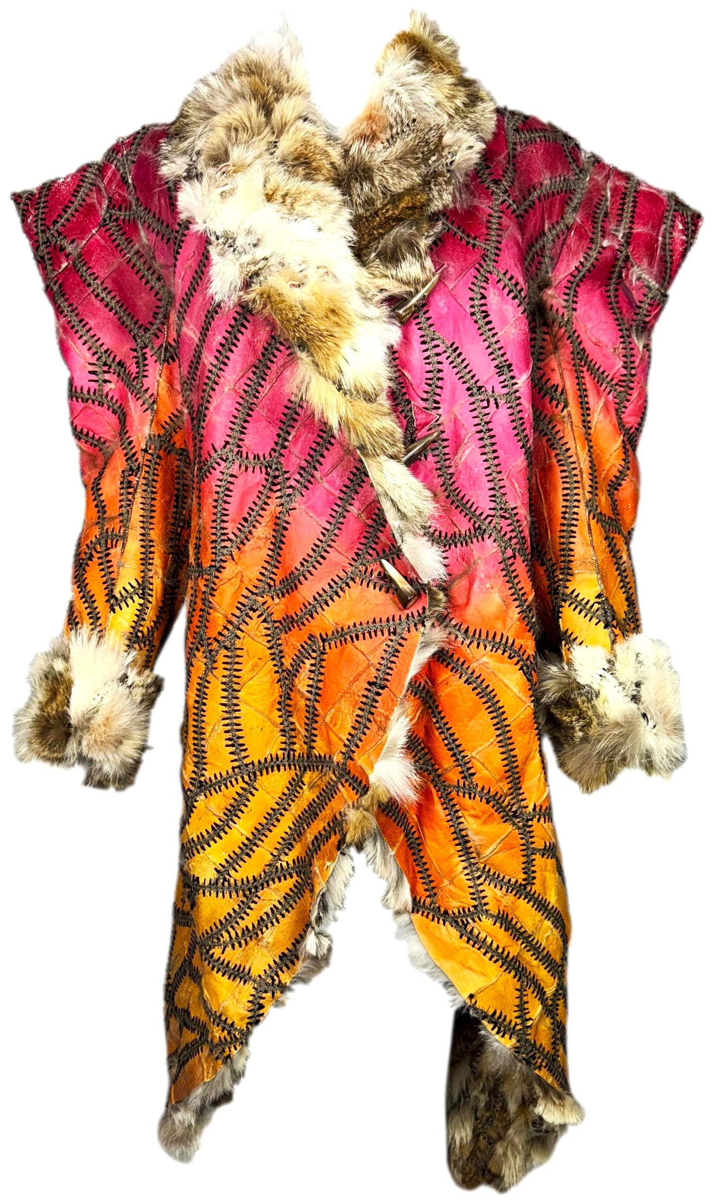 F/W 2002 Christian Dior by John Galliano Runway Hand Made Coyote Fur & Leather Red & Yellow Whipstitch Long Coat Jacket