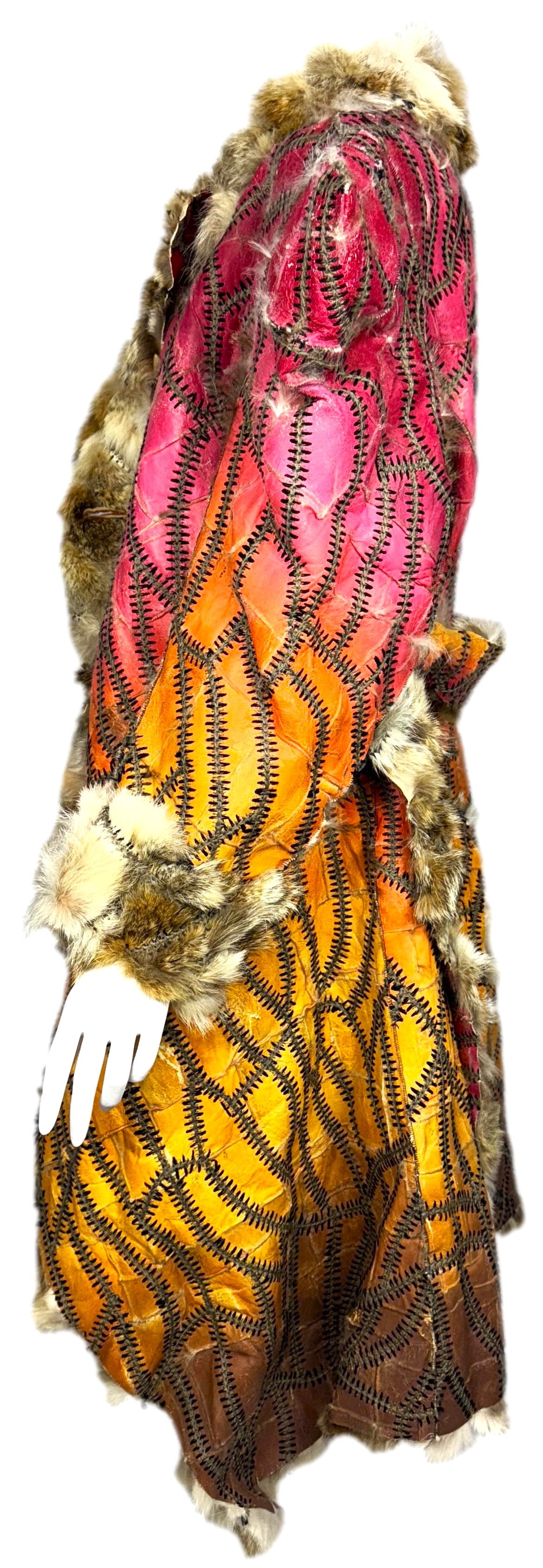 F/W 2002 Christian Dior by John Galliano Runway Hand Made Coyote Fur & Leather Red & Yellow Whipstitch Long Coat Jacket