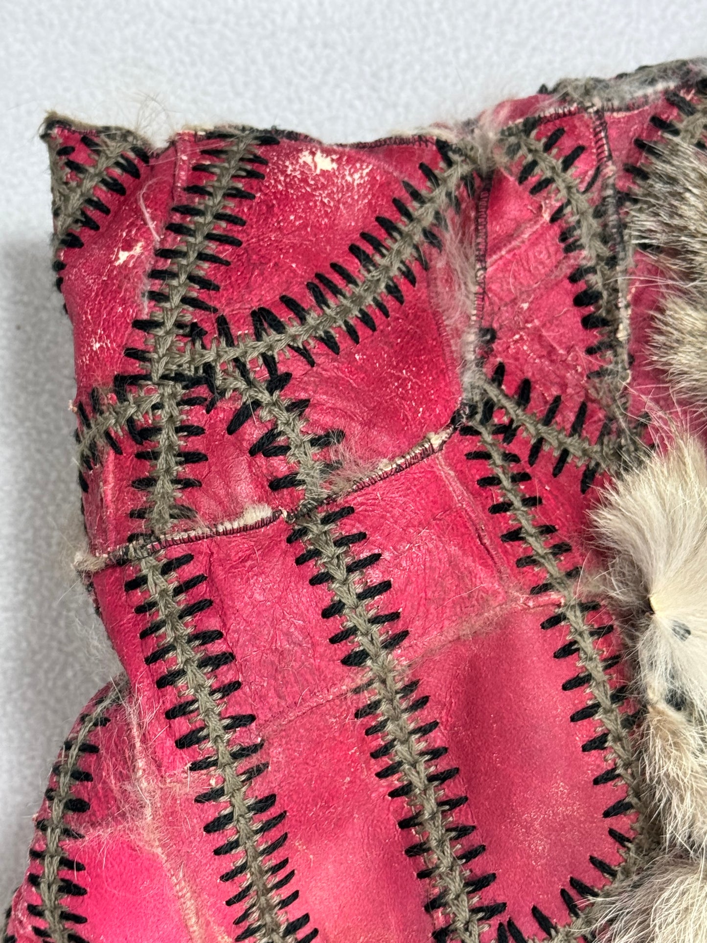 F/W 2002 Christian Dior by John Galliano Runway Hand Made Coyote Fur & Leather Red & Yellow Whipstitch Long Coat Jacket