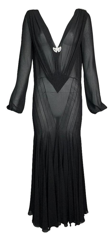 F/W 2002 Christian Dior by John Galliano Sheer Black Silk 1920's Style Plunging Dress