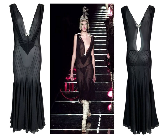 F/W 2002 Christian Dior by John Galliano Runway Plunging 1920's Style Sheer Black Silk Mermaid Maxi Dress