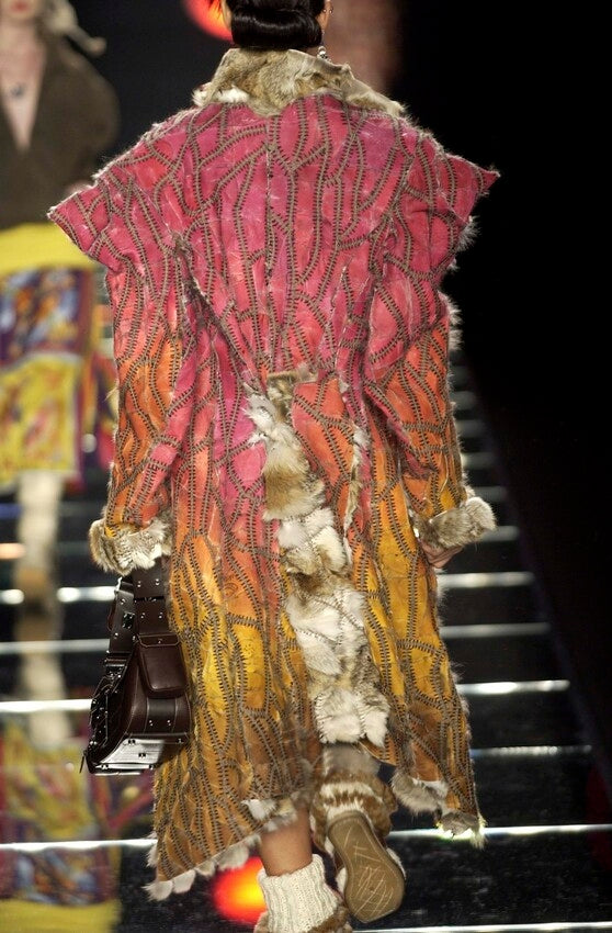 F/W 2002 Christian Dior by John Galliano Runway Hand Made Coyote Fur & Leather Red & Yellow Whipstitch Long Coat Jacket