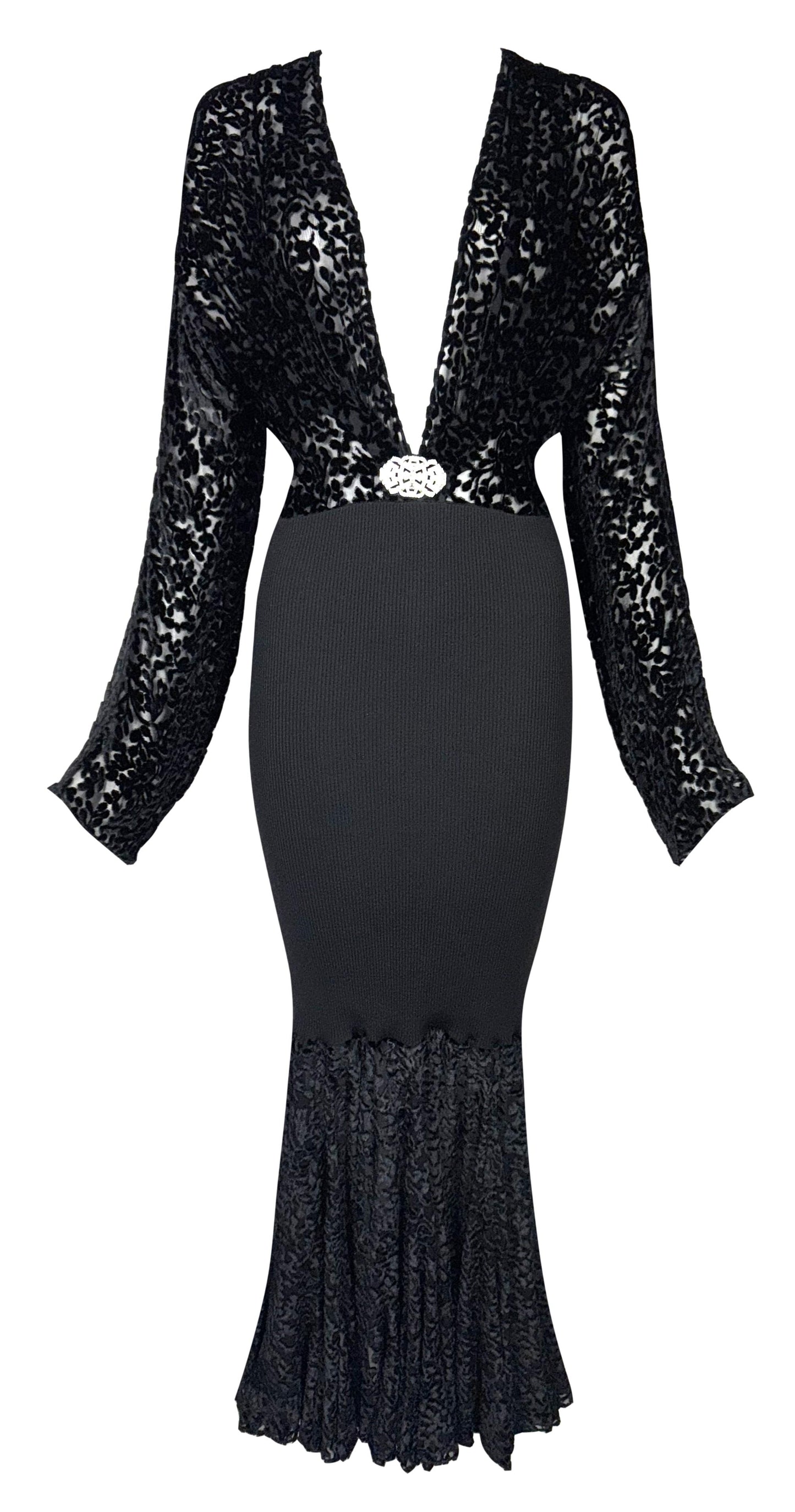 F/W 2002 Christian Dior by John Galliano Runway Plunging Sheer Black Velvet & Knit Bodycon Maxi Dress