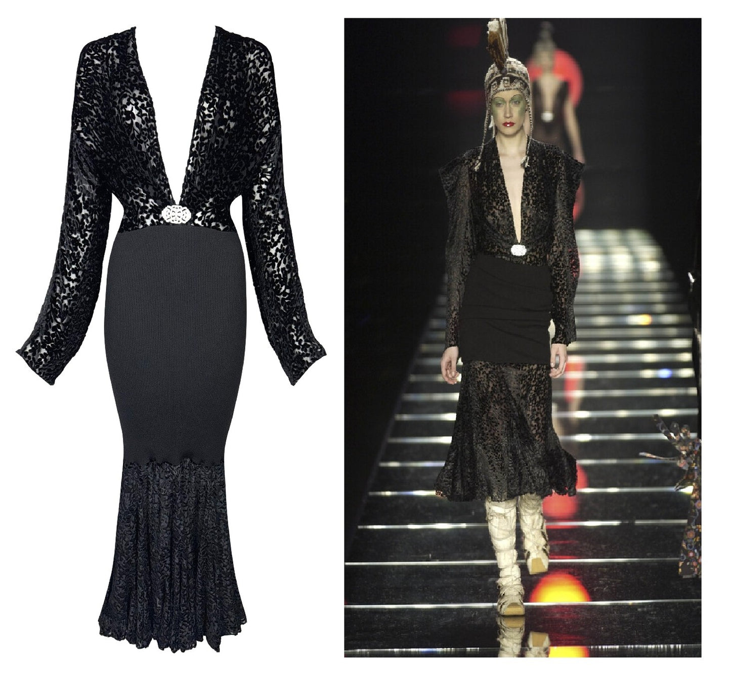 F/W 2002 Christian Dior by John Galliano Runway Plunging Sheer Black Velvet & Knit Bodycon Maxi Dress