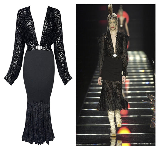 F/W 2002 Christian Dior by John Galliano Runway Plunging Sheer Black Velvet & Knit Bodycon Maxi Dress