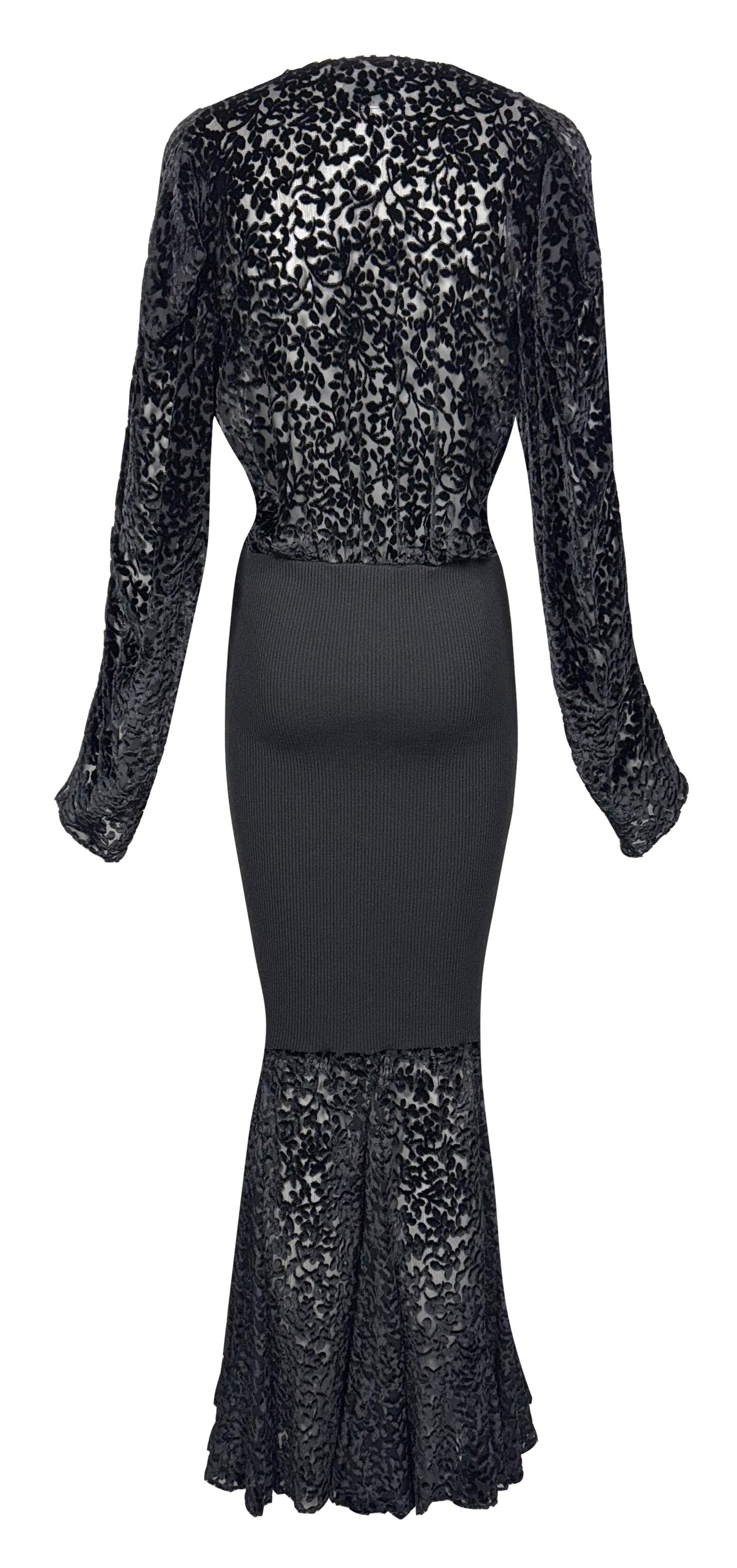 F/W 2002 Christian Dior by John Galliano Runway Plunging Sheer Black Velvet & Knit Bodycon Maxi Dress