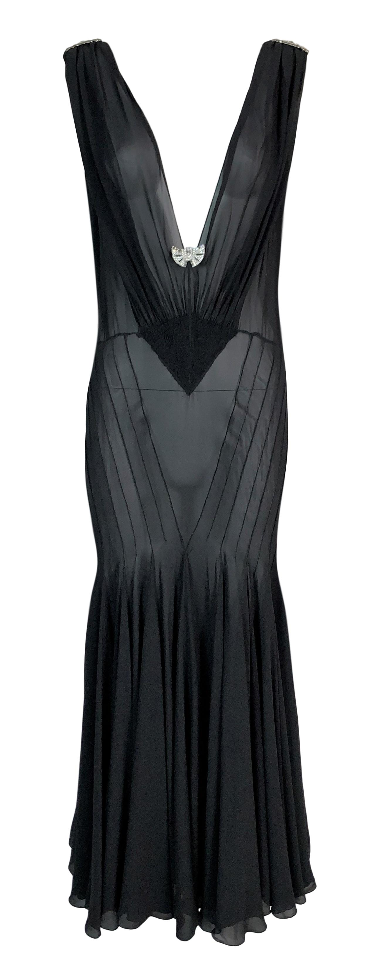 F/W 2002 Christian Dior by John Galliano Runway Plunging 1920's Style Sheer Black Silk Mermaid Maxi Dress