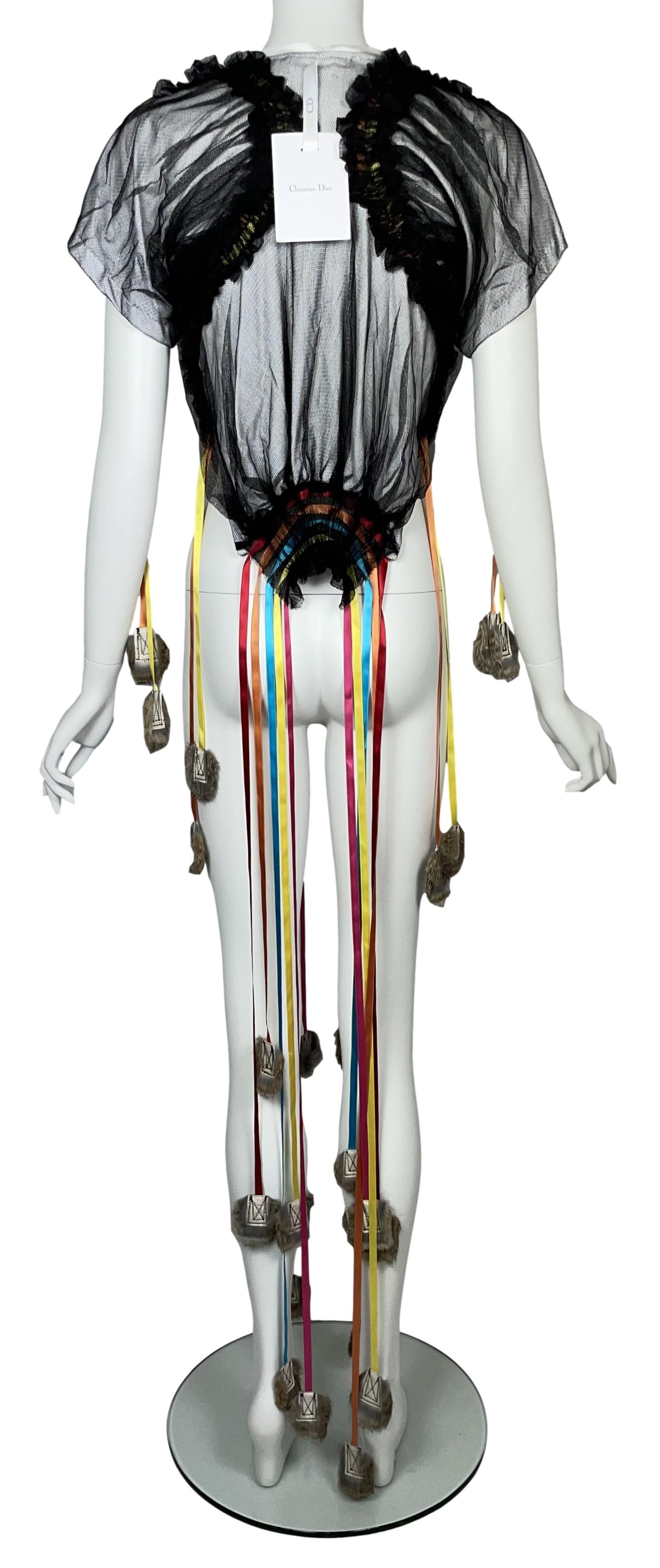 F/W 2002 Christian Dior by John Galliano Runway Cropped Mesh T-Shirt Top w Fur Tipped Fringe