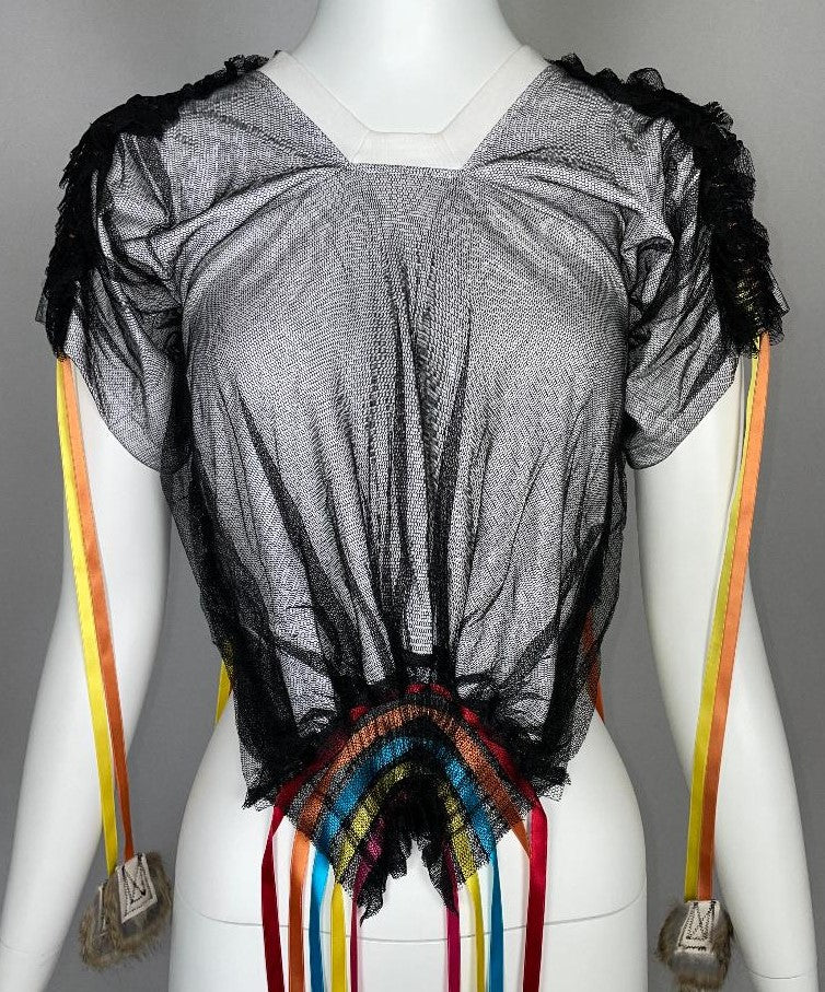 F/W 2002 Christian Dior by John Galliano Runway Cropped Mesh T-Shirt Top w Fur Tipped Fringe