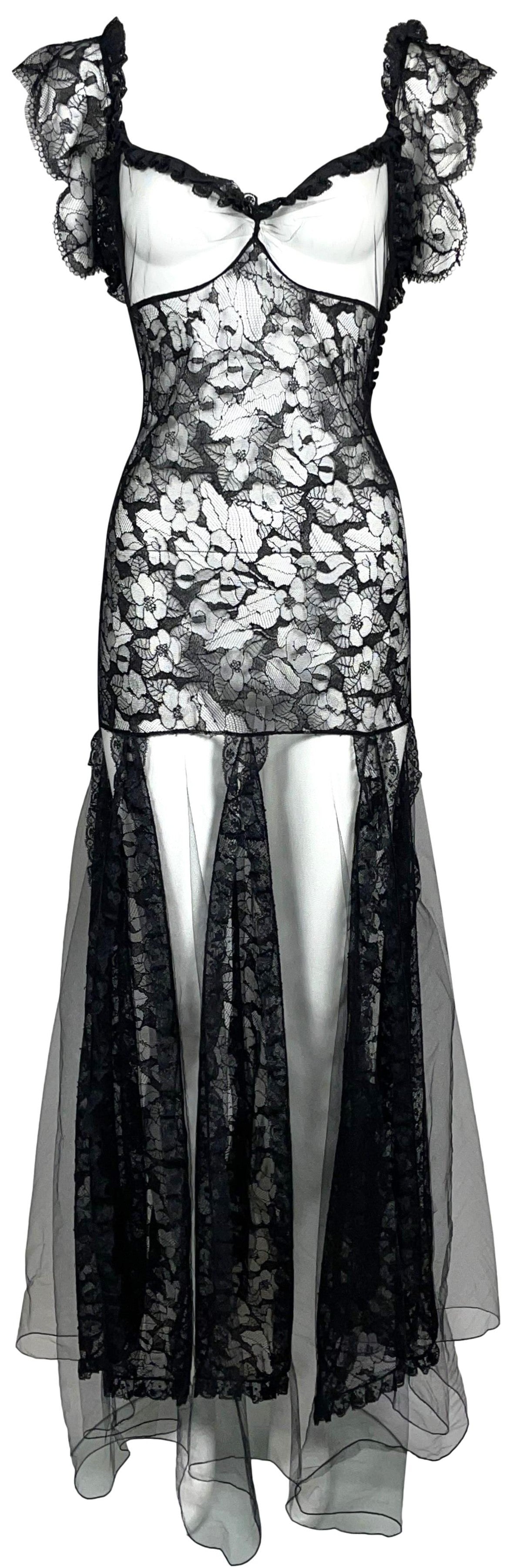 F/W 2002 Christian Dior x John Galliano Sheer Black Tulle & Lace Black Swan Goth Ballerina Maxi Dress