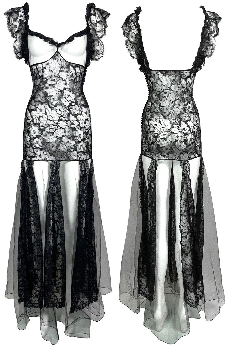 F/W 2002 Christian Dior x John Galliano Sheer Black Tulle & Lace Black Swan Goth Ballerina Maxi Dress