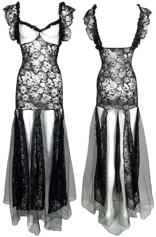F/W 2002 Christian Dior x John Galliano Sheer Black Tulle & Lace Black Swan Goth Ballerina Maxi Dress