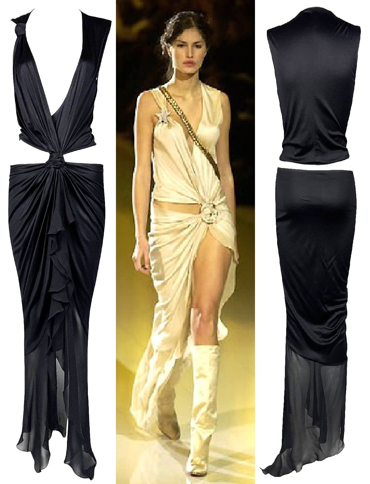 F/W 2002 Emanuel Ungaro Runway Plunging Black Cut-out Ruffle High Slit Maxi Dress