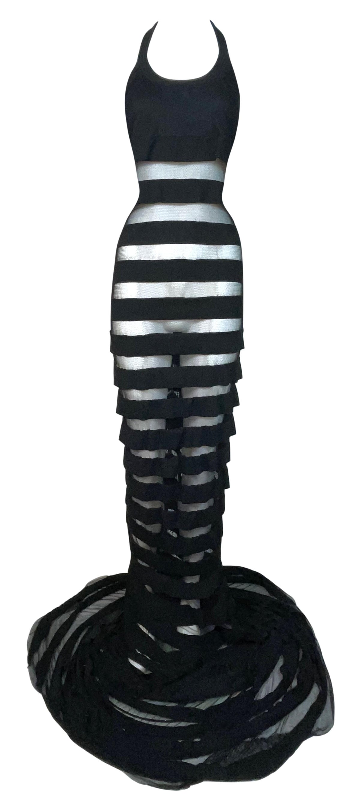 F/W 2002 Gianfranco Ferre Sheer Black Fishnet Mesh Extra Long Mermaid Wiggle Gown Dress