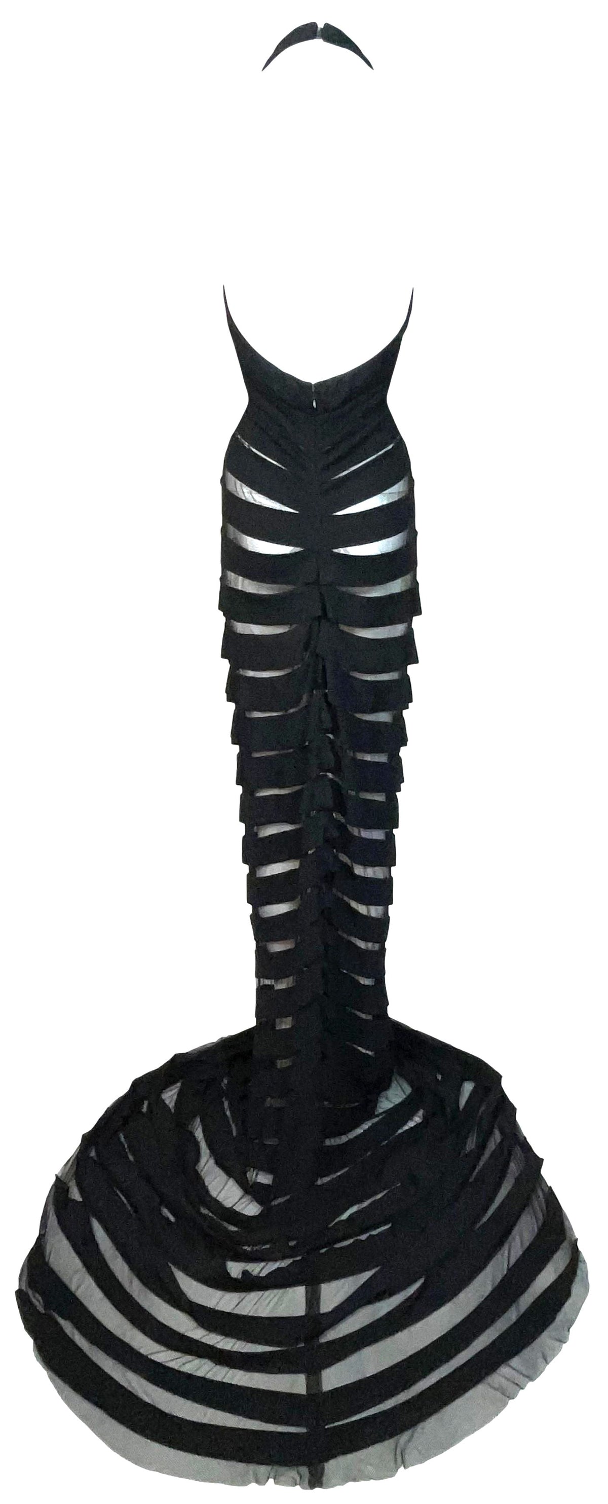 F/W 2002 Gianfranco Ferre Sheer Black Fishnet Mesh Extra Long Mermaid Wiggle Gown Dress