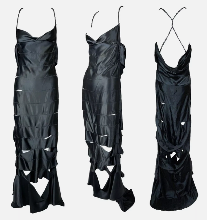 F/W 2002 Gucci by Tom Ford Runway Black Cut-Out Ribbon Gown Maxi Dress 40