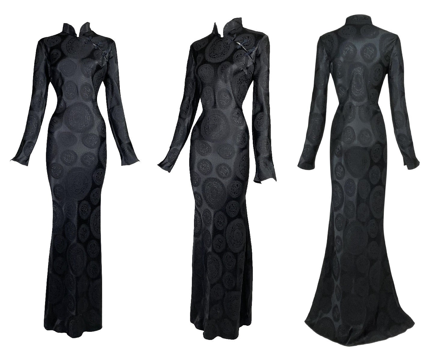 F/W 2002 John Galliano Cheongsam Black Chinoiserie Printed L/S Maxi Mermaid Dress