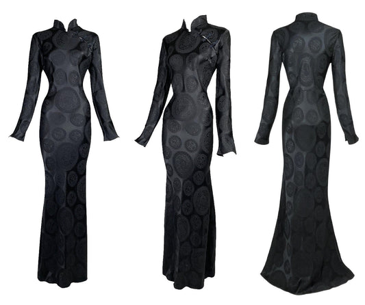 F/W 2002 John Galliano Cheongsam Black Chinoiserie Printed L/S Maxi Mermaid Dress