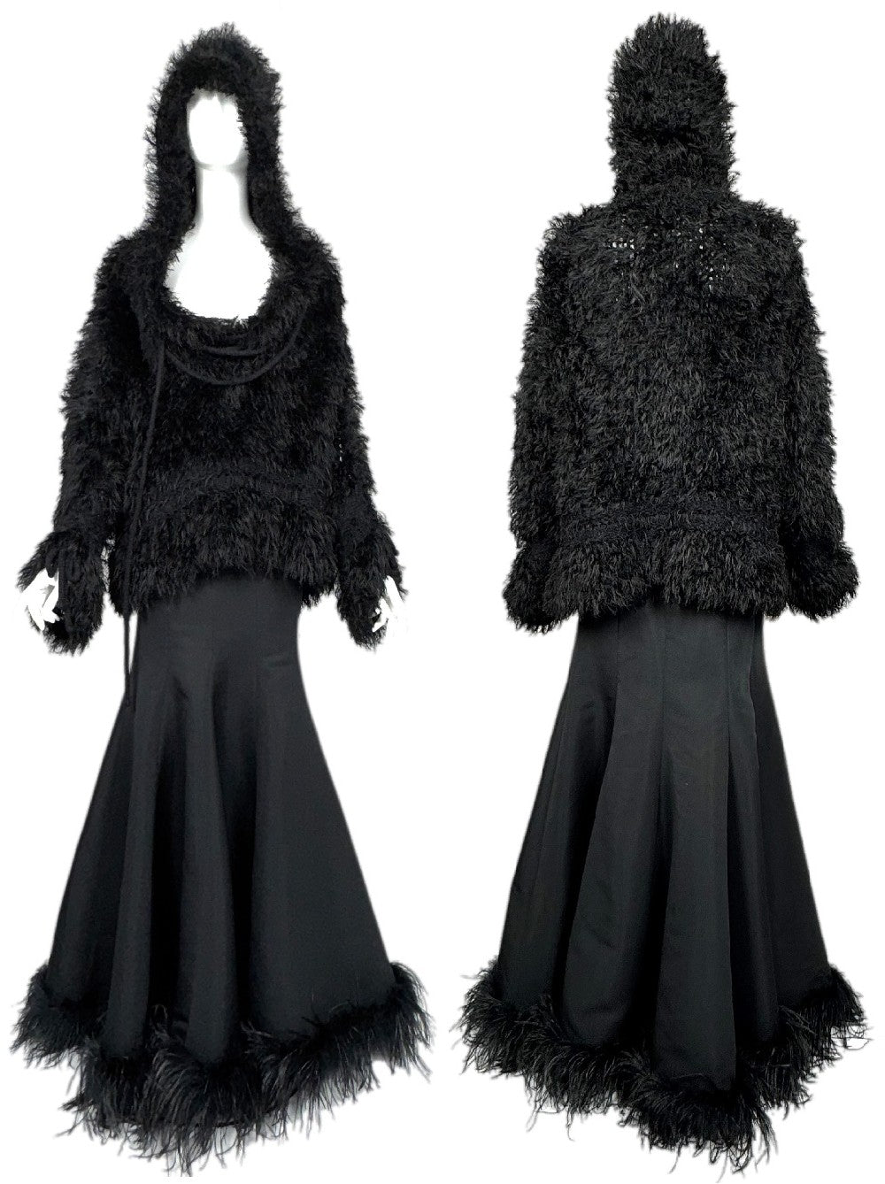 F/W 2002 John Galliano Runway Black Shaggy Faux Fur Hooded Sweater Top & Flared Maxi Skirt w Feather Trim