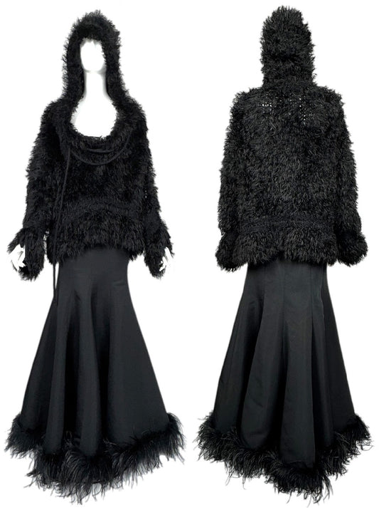 F/W 2002 John Galliano Runway Black Shaggy Faux Fur Hooded Sweater Top & Flared Maxi Skirt w Feather Trim