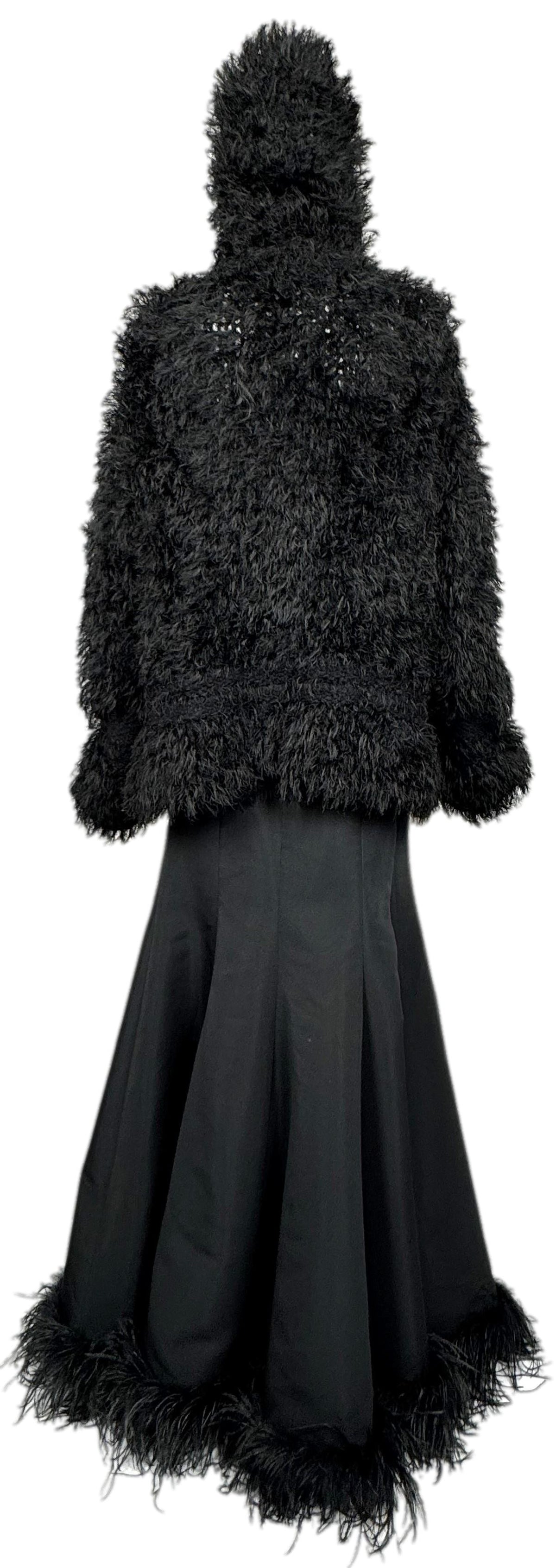 F/W 2002 John Galliano Runway Black Shaggy Faux Fur Hooded Sweater Top & Flared Maxi Skirt w Feather Trim