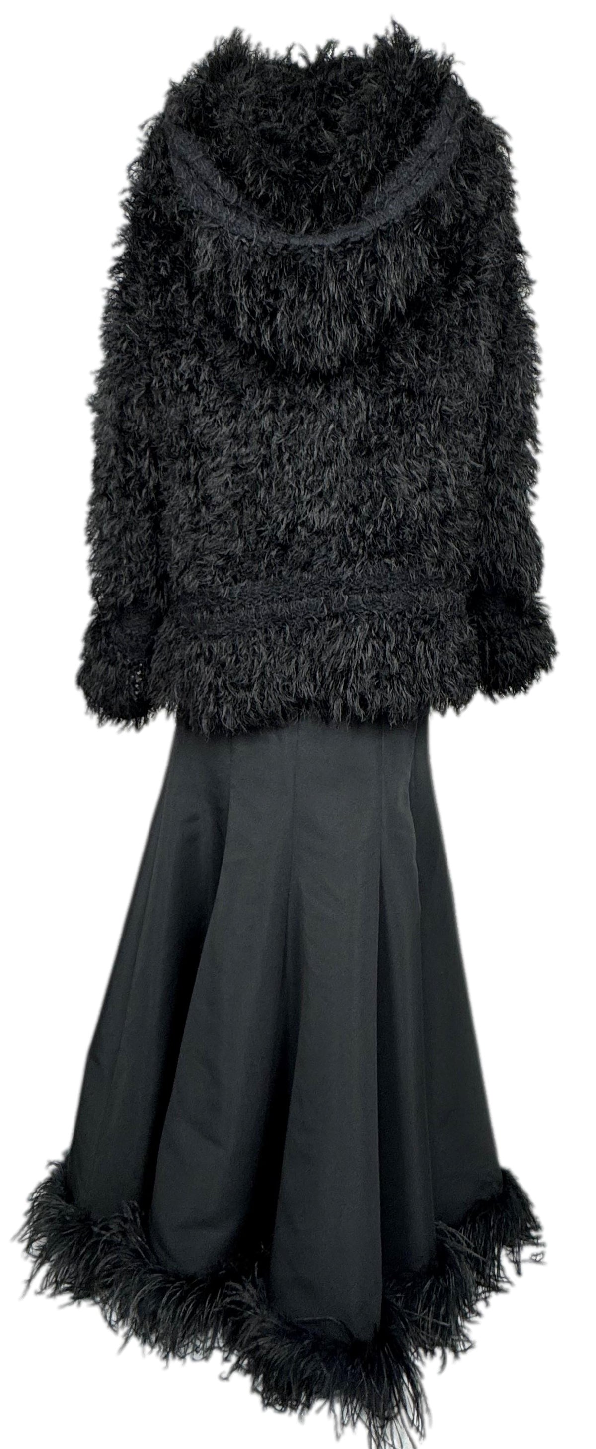 F/W 2002 John Galliano Runway Black Shaggy Faux Fur Hooded Sweater Top & Flared Maxi Skirt w Feather Trim