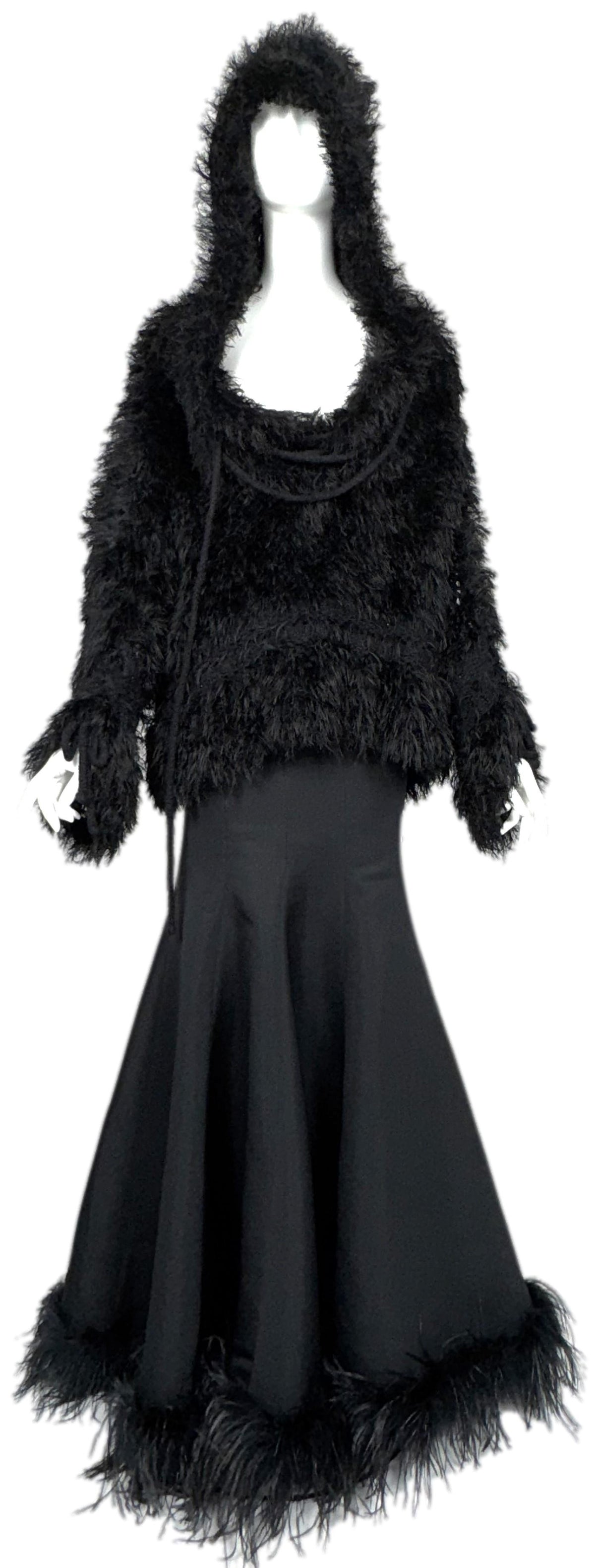 F/W 2002 John Galliano Runway Black Shaggy Faux Fur Hooded Sweater Top & Flared Maxi Skirt w Feather Trim