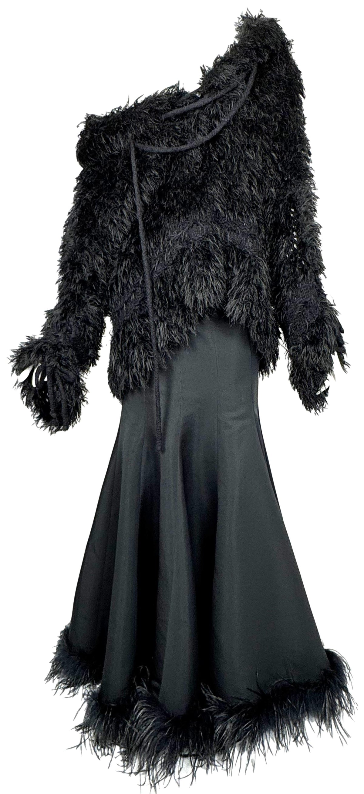 F/W 2002 John Galliano Runway Black Shaggy Faux Fur Hooded Sweater Top & Flared Maxi Skirt w Feather Trim