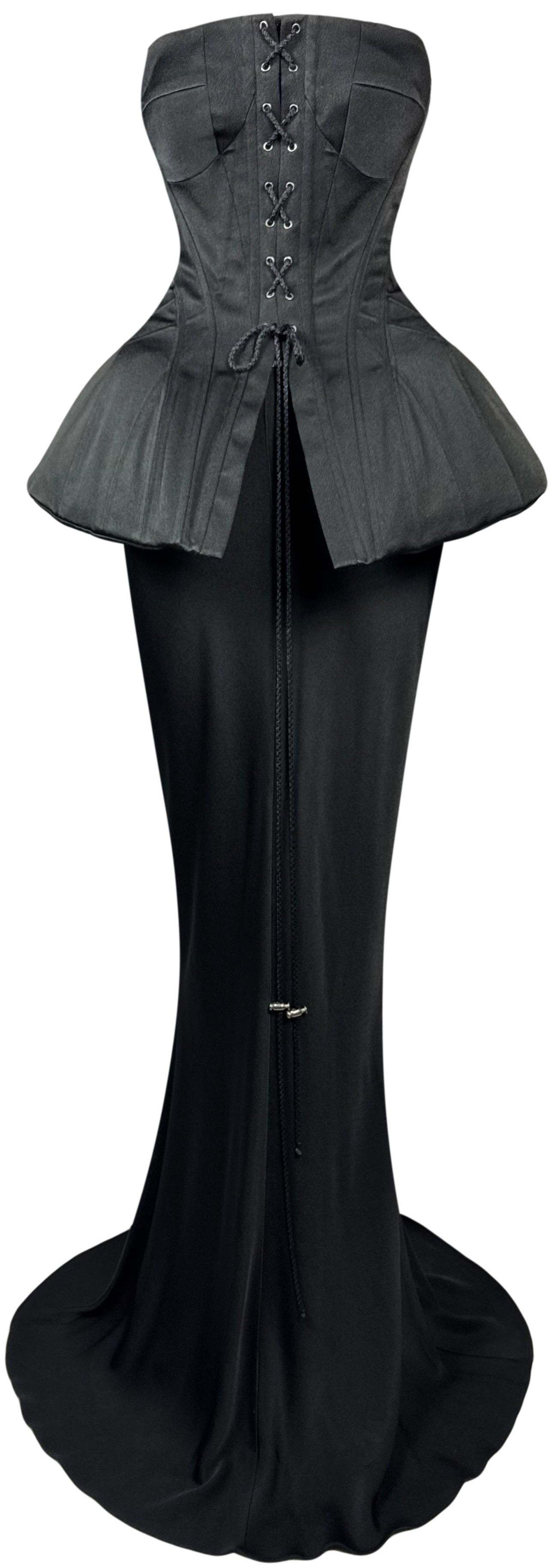F/W 2002 John Galliano 1940's Old Hollywood Pin-Up Style Black Strapless Padded Corset & Extra Long Maxi Skirt w Train