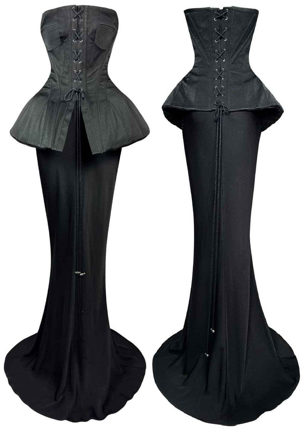F/W 2002 John Galliano 1940's Old Hollywood Pin-Up Style Black Strapless Padded Corset & Extra Long Maxi Skirt w Train