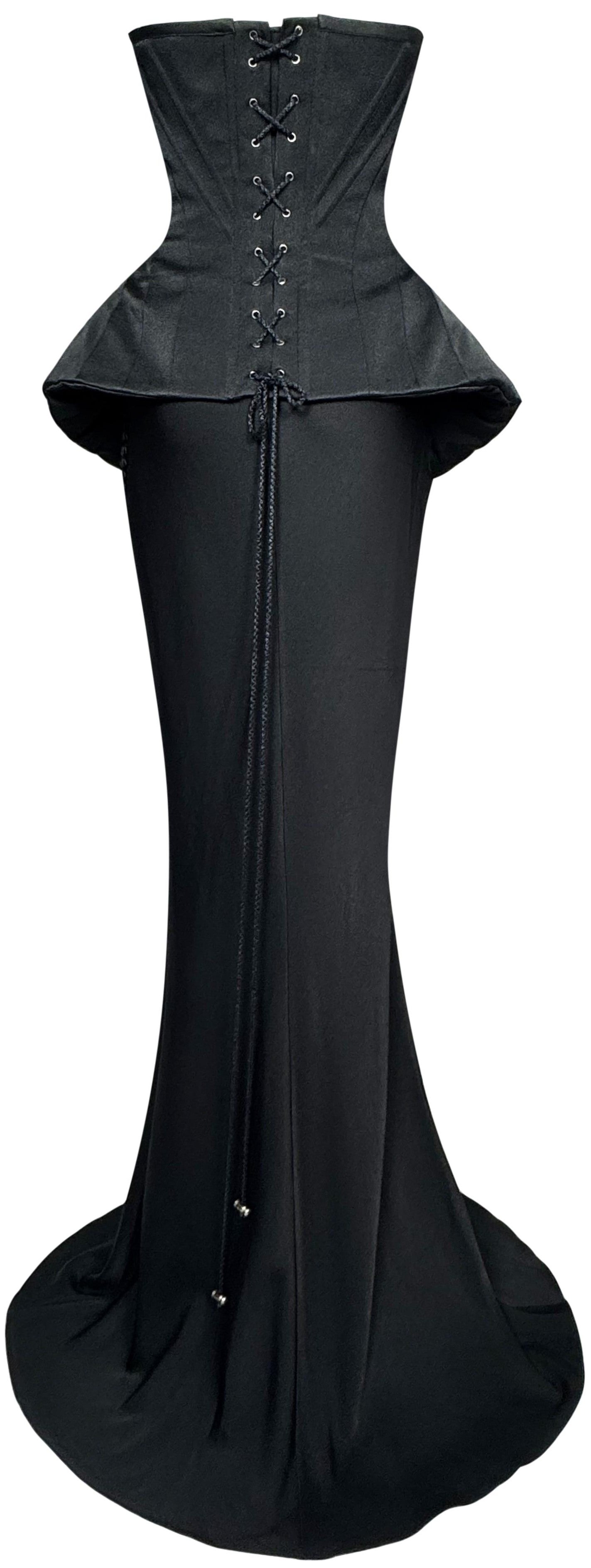 F/W 2002 John Galliano 1940's Old Hollywood Pin-Up Style Black Strapless Padded Corset & Extra Long Maxi Skirt w Train