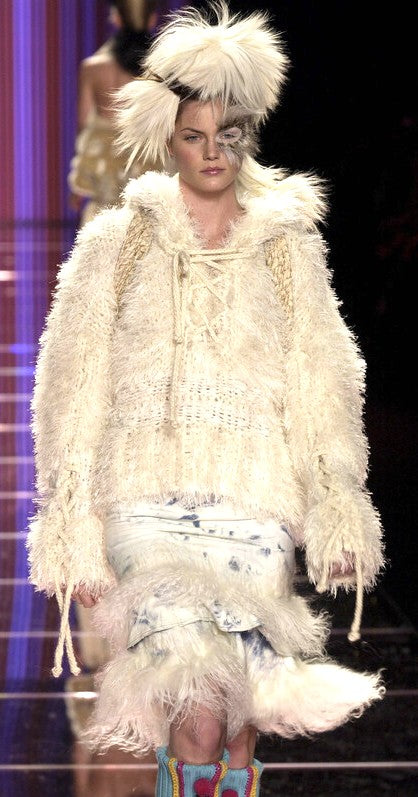 F/W 2002 John Galliano Runway Black Shaggy Faux Fur Hooded Sweater Top & Flared Maxi Skirt w Feather Trim